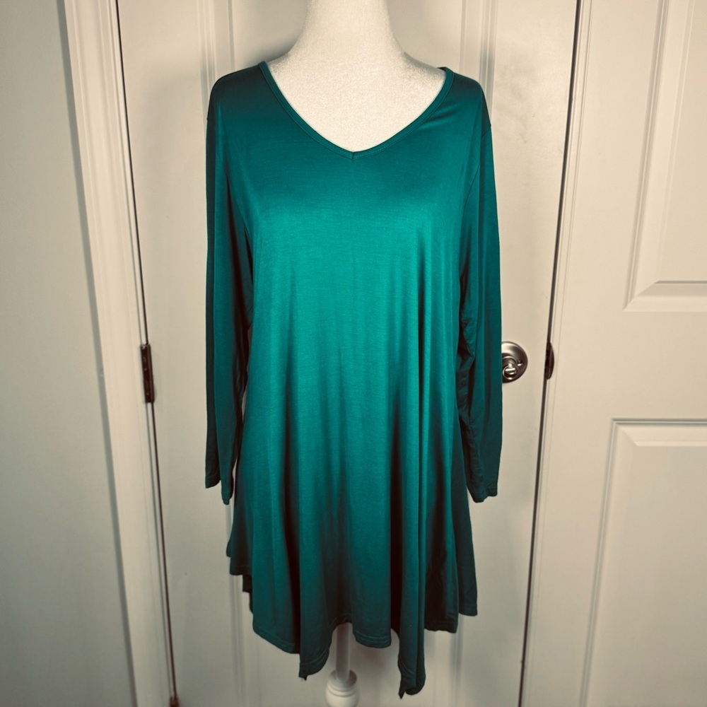 Larace Teal Flowy Tunic Top 2X Plus V-Neck Long Sleeve Stretch Casual